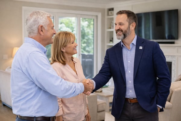 Tom Davenport shaking hands with homeowners after a successful sale