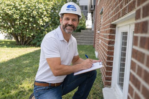 Sell Now Solutions cash buyer in a branded hard hat assessing a brick home with a clipboard